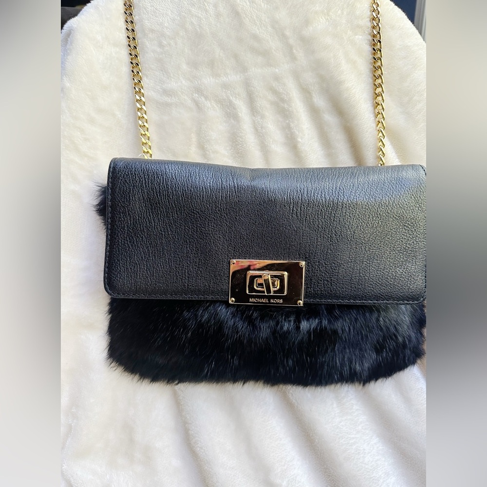 NWOT Michael Kors Sloan Black Fur & Gold Clutch Shoulder Bag